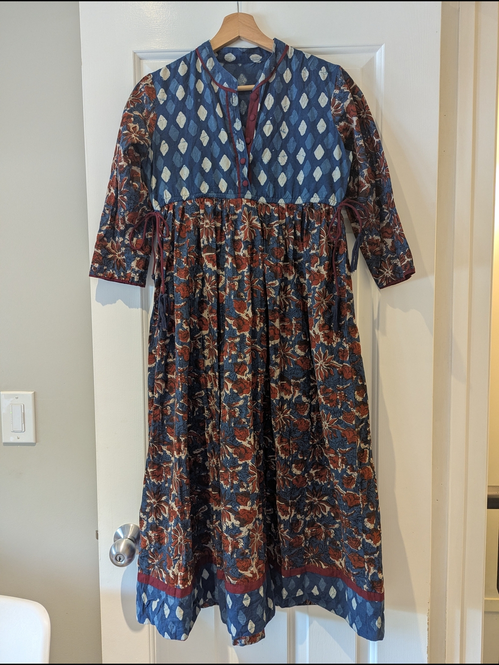 Sangria Blue & Rust Red Floral Batik Midi Maxi Kurti Dress Boho Lagenlook Fairy
